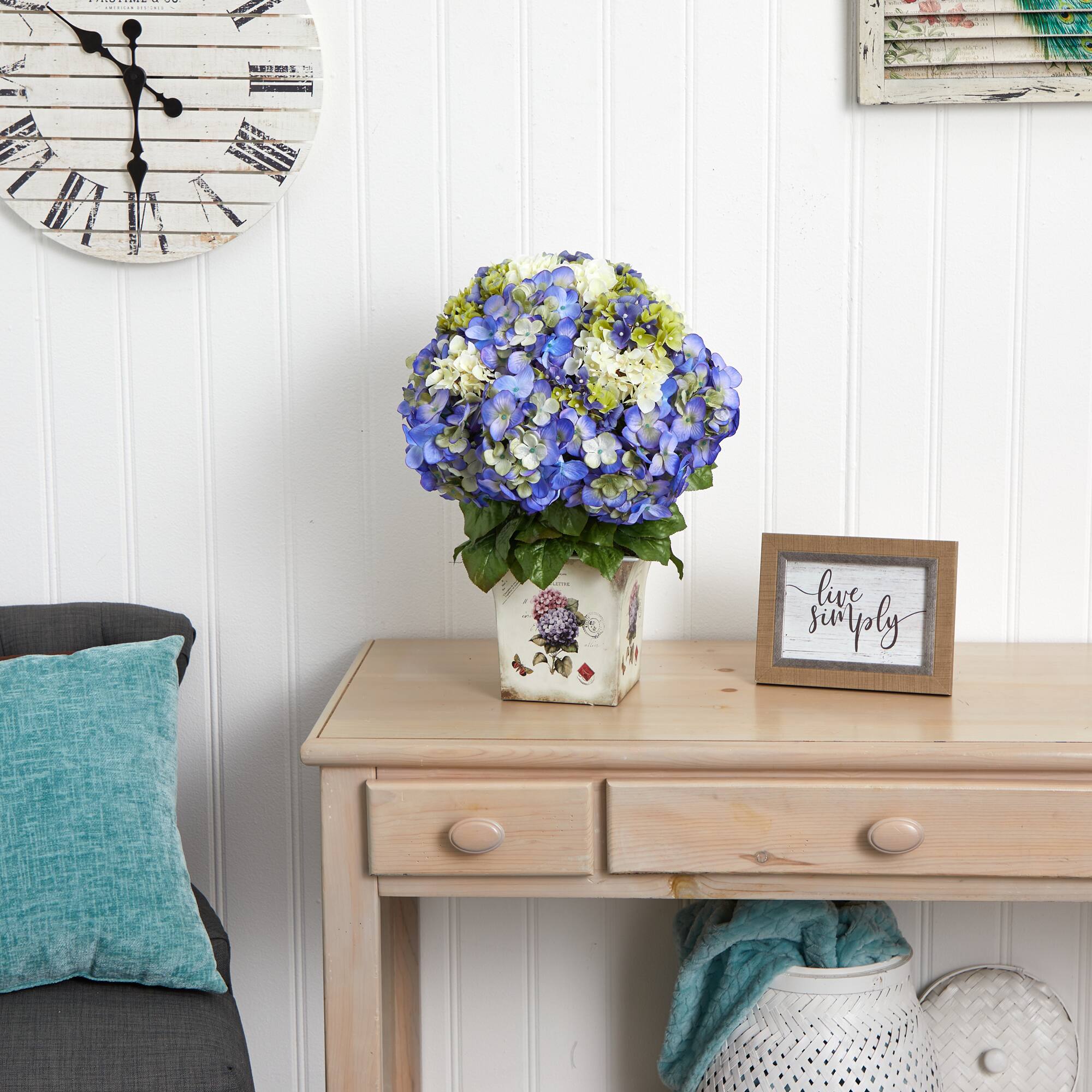 19" Mixed Hydrangea Arrangement in Floral Planter